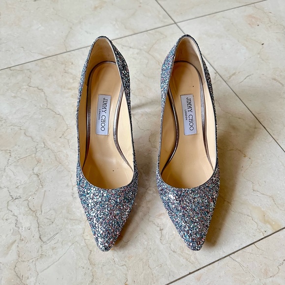 Jimmy Choo Blue Silver Glitter Love 100 Pumps Heels 38.5 Like NEW - Picture 3 of 8
